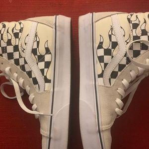 High top white checkered flame vans